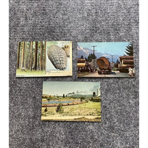 Vintage‎ Oregon Logging Postcard Lot Of 3 Log Raft Bend Train Log Trucks 1906-72 - Picture 1 of 15